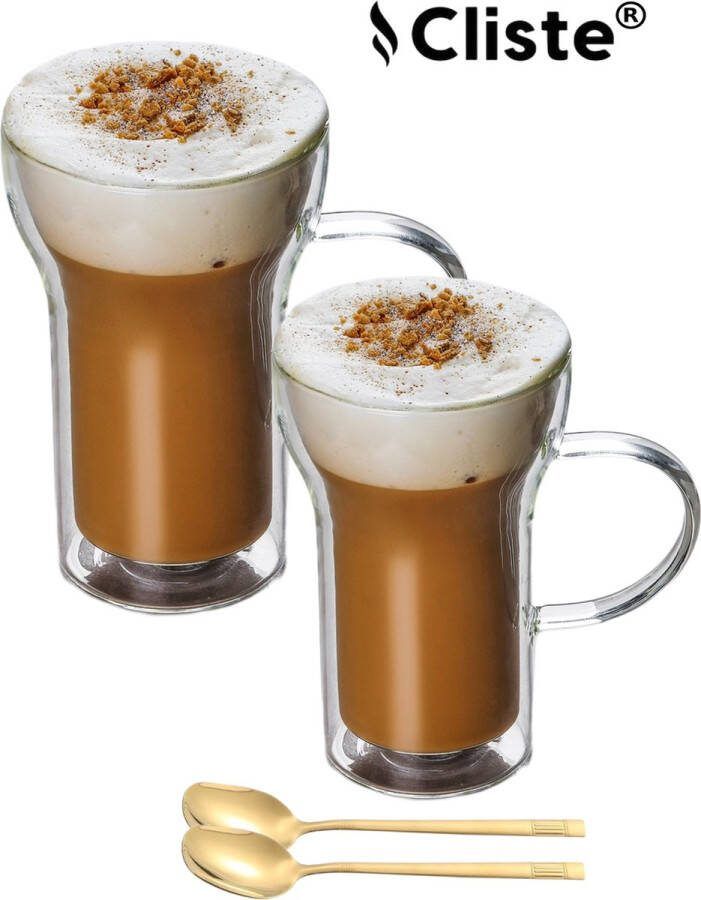 Cliste Dubbelwandige Koffieglazen Met Oor Set van 2 400 ML Gratis 2 Goud Lepels Latte Macchiato Glazen Theeglazen Cappuccino Glazen Koffieglazen