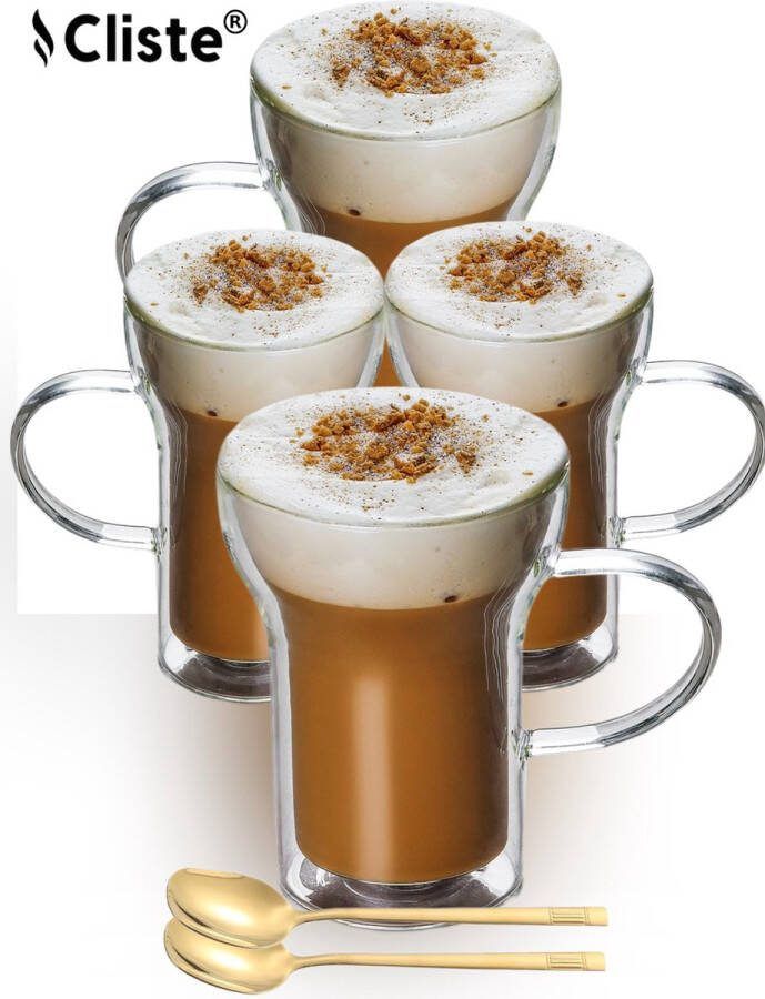 Cliste Dubbelwandige Koffieglazen Met Oor Set van 4 400 ML Gratis 4x Lepels Latte Macchiato Glazen Dubbelwandige Theeglazen Cappuccino Glazen