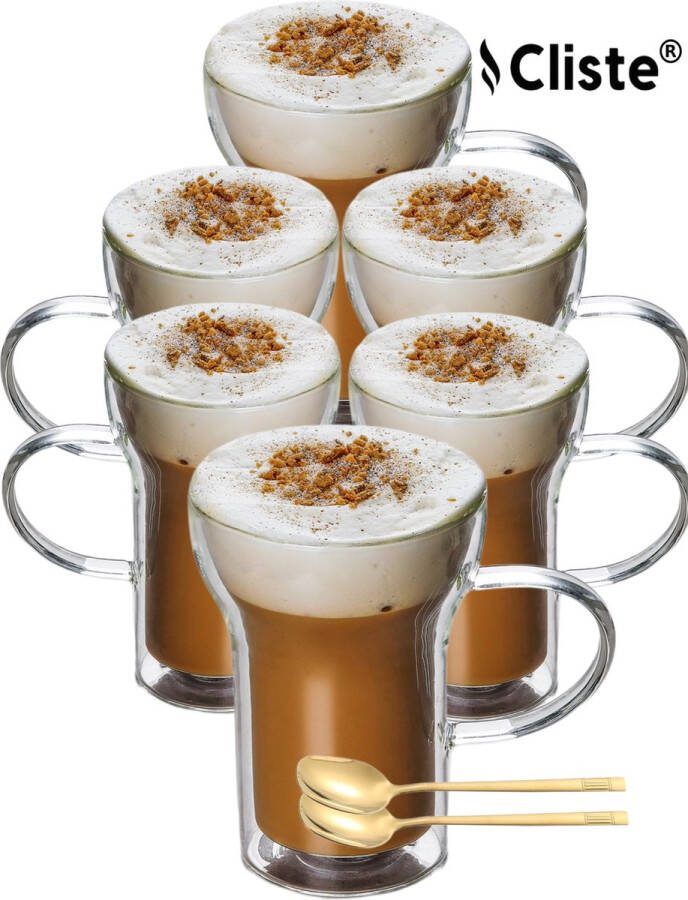 Cliste Dubbelwandige Koffieglazen Met Oor Set van 6 400 ML Gratis 6x Lepels Latte Macchiato Glazen Dubbelwandige Theeglazen Cappuccino Glazen Koffieglazen