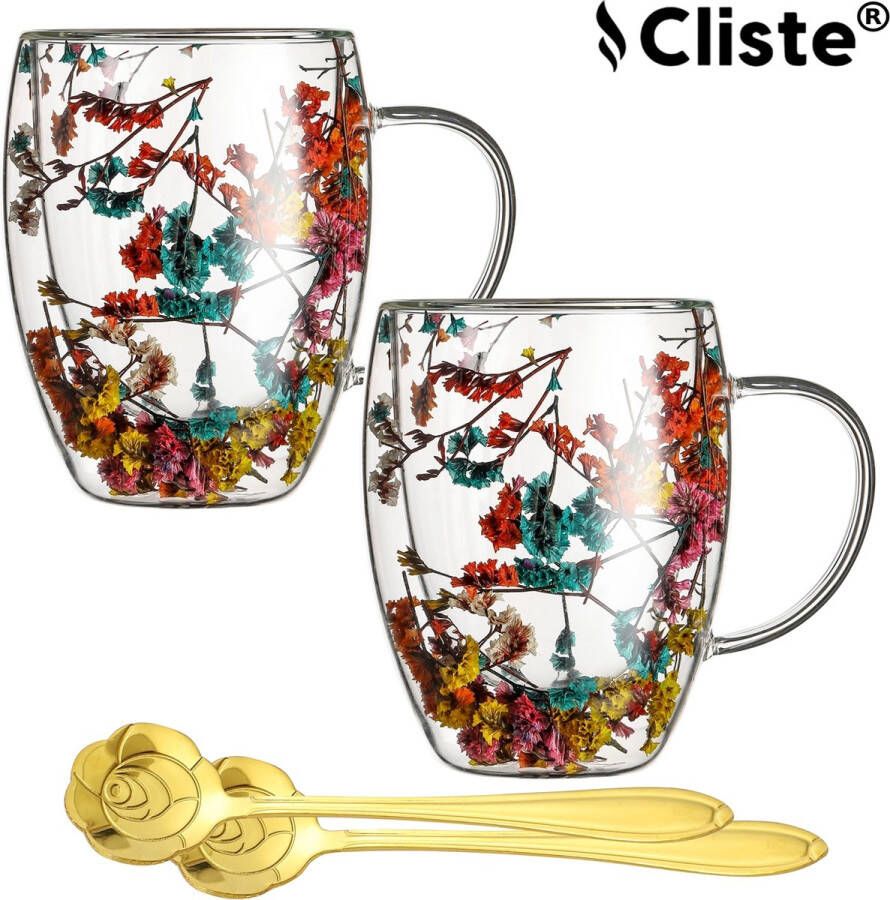 Cliste Dubbelwandige Koffieglazen Set van 4x Met Oor en Gratis 4x Lepels 400ML Handgemaakt Glas Echt Gedroogd Bloemenglas Latte Macchiato Glazen Dubbelwandige Theeglazen Cappuccino Glazen Koffieglazen