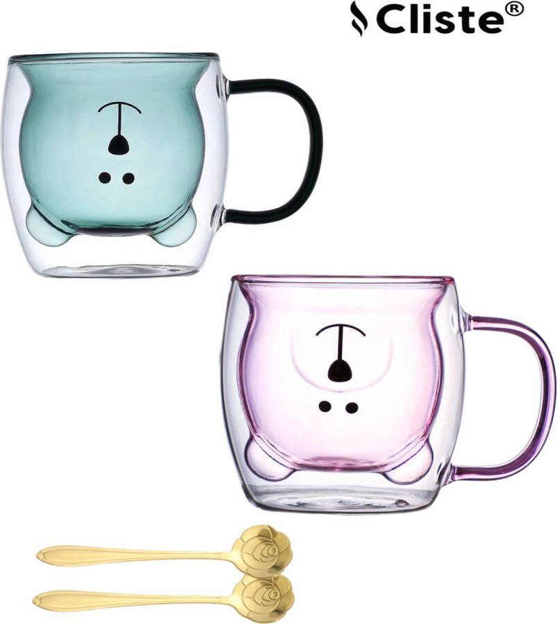 Cliste Dubbelwandige Schattig Beer vorm Koffieglazen Met Oor Met Gratis 2x Lepels Latte Macchiato Glazen 280ML Dubbelwandige Theeglazen 2x Cappuccino Glazen Koffieglazen Volwassen Kinderen