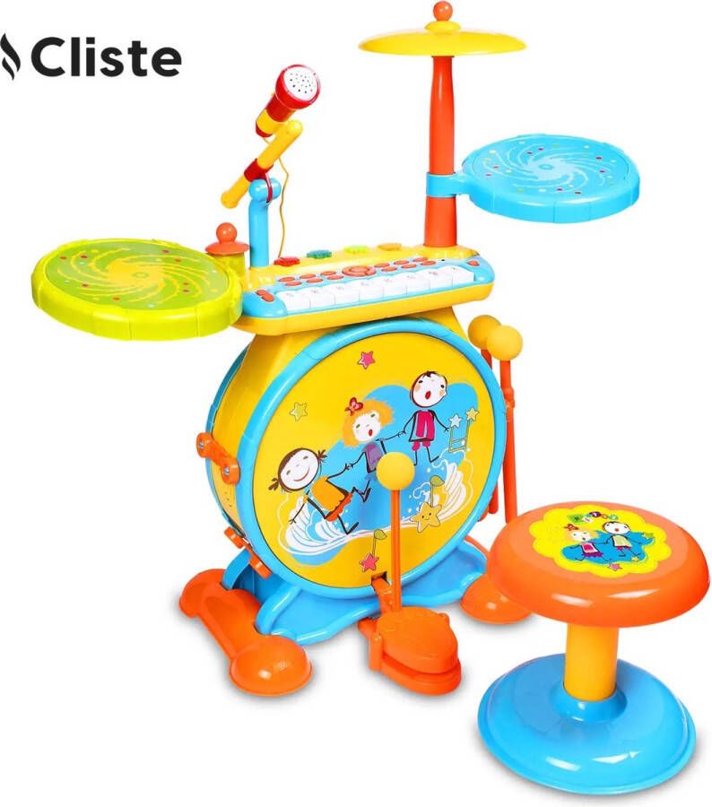 Cliste Elektronische Drumkit voor kinderen Realistisch drumgeluid Educatief Babyspeelgoed Inclusief stoel Blauw Geel