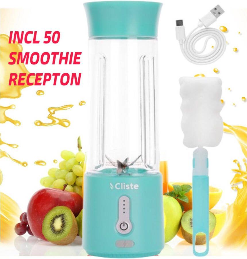 Cliste Home Draagbare Blender To Go Smoothie Blender USB Oplaadbaar -Portable Smoothie Maker Draadloos Compact Blender 500 ml Mini Smoothie Maker Fresh Juice Maker Portable Blender Blauw Recepten inbegrepen