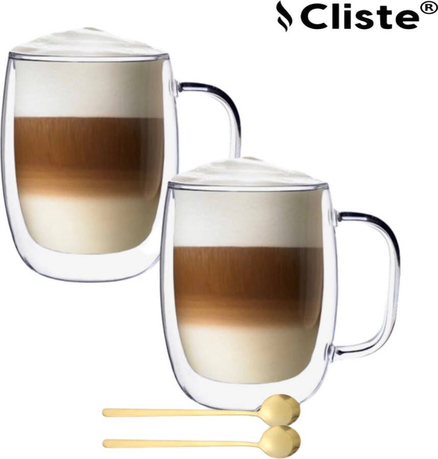 Cliste Home Dubbelwandige Koffieglazen Met Oor Met Gratis 2x Goud Lepels Latte Macchiato Glazen 400ML Dubbelwandige Theeglazen 2x Cappuccino Glazen