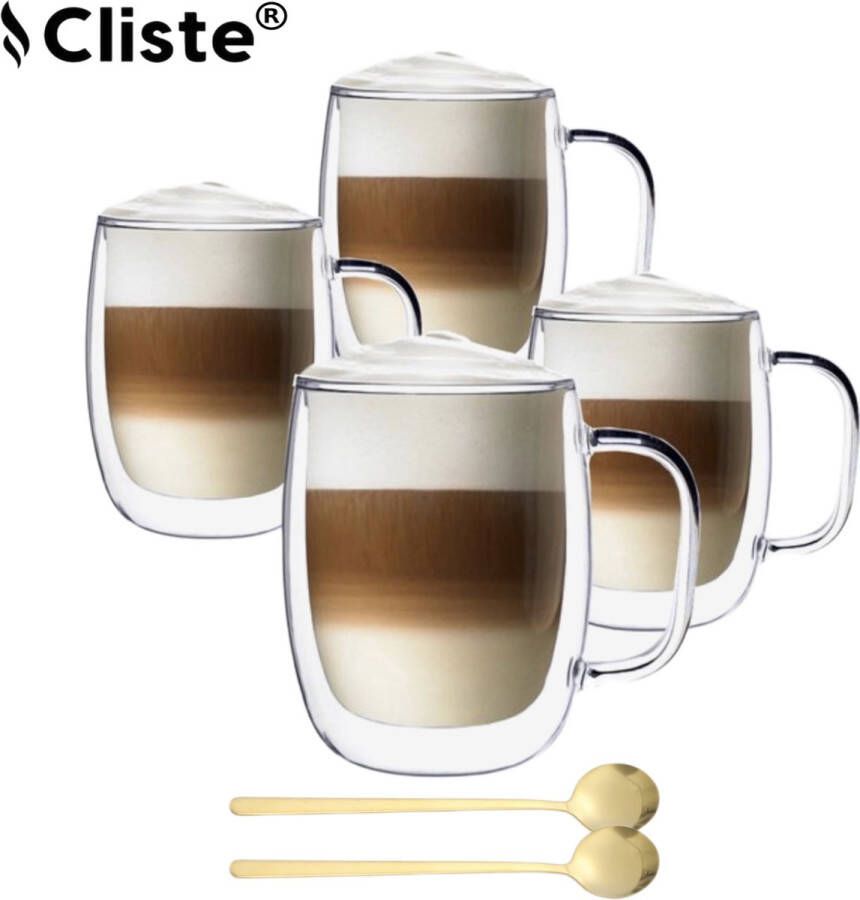 Cliste Home Dubbelwandige Koffieglazen Met Oor Met Gratis 4x Lepels Latte Macchiato Glazen 400ML Dubbelwandige Theeglazen 4x Cappuccino Glazen
