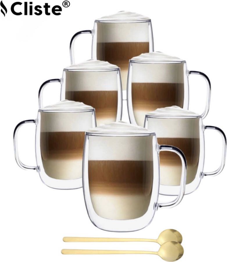 Cliste Home Dubbelwandige Koffieglazen Met Oor Met Gratis 6x Lepels Latte Macchiato Glazen 400ML Dubbelwandige Theeglazen 6x Cappuccino Glazen Koffieglazen