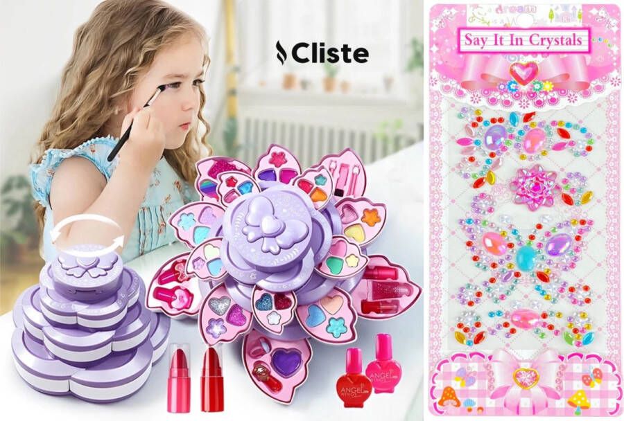 Cliste Kinder Make-up Set Princess Flower Angel Wings Rotary 3-laags make-updoos ( 36 pcs ) plus 1 Rhinestone Sticker Set Wasbare Oogschaduw Blush Make up Setje Kinder make up Speelgoed