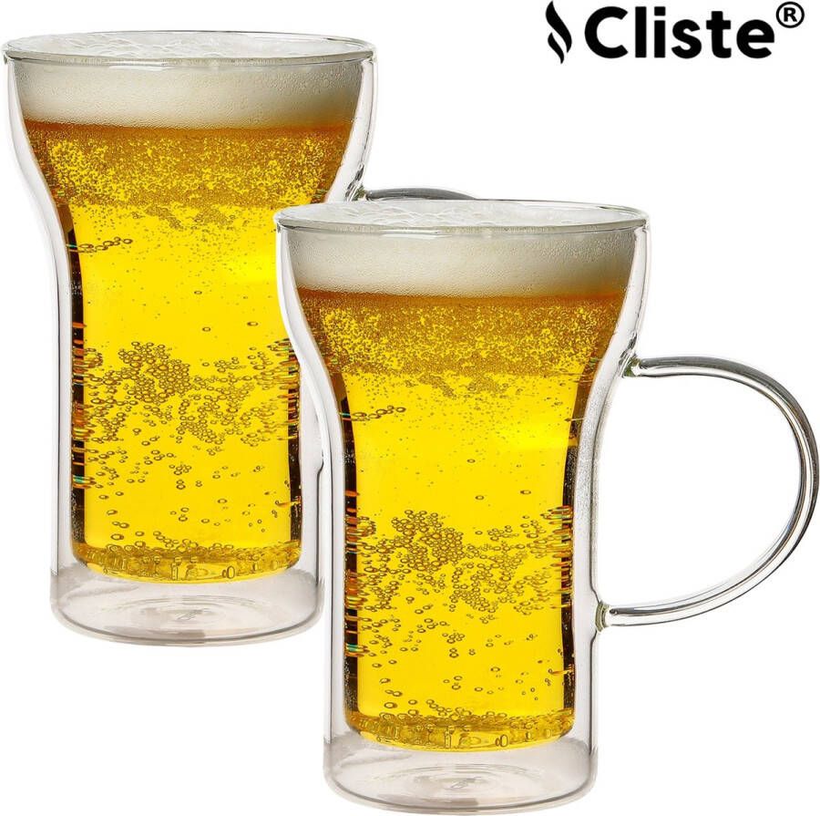 Cliste Premium Dubbelwandig Glas voor Bier en Koffie met Oor Set van 2 Geniet van de Perfecte Temperatuur Bierglazen Koffieglazen