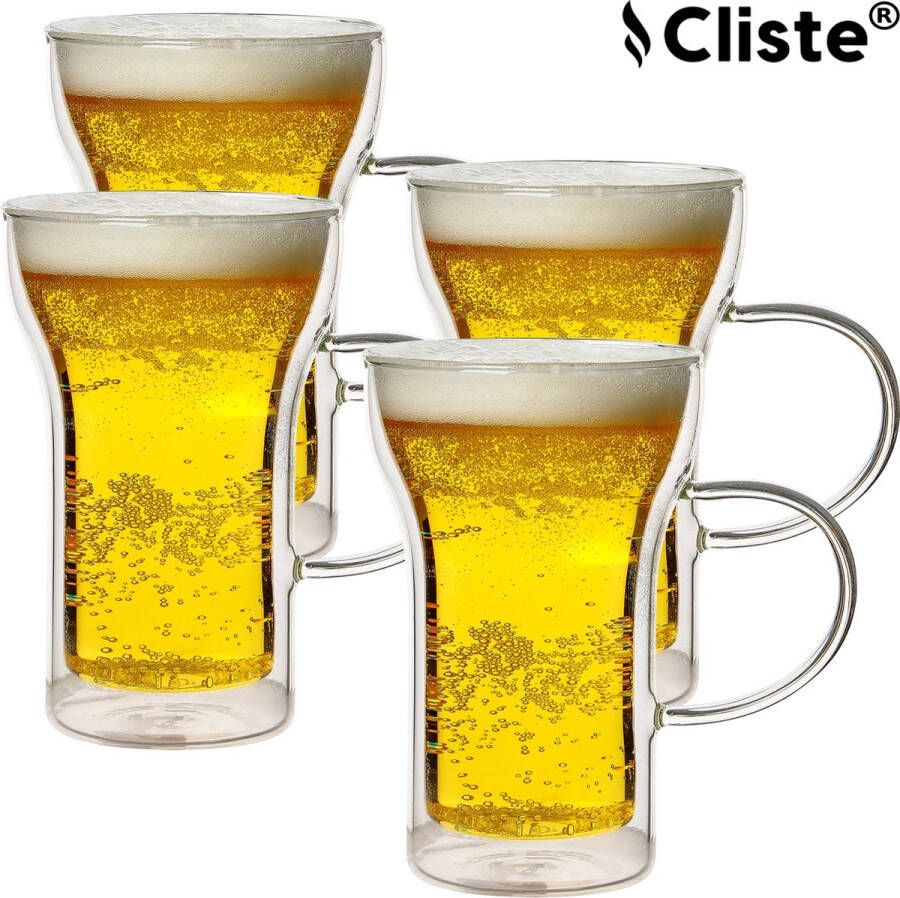 Cliste Premium Dubbelwandig Glas voor Bier en Koffie met Oor Set van 4 Geniet van de Perfecte Temperatuur Bierglazen Koffieglazen