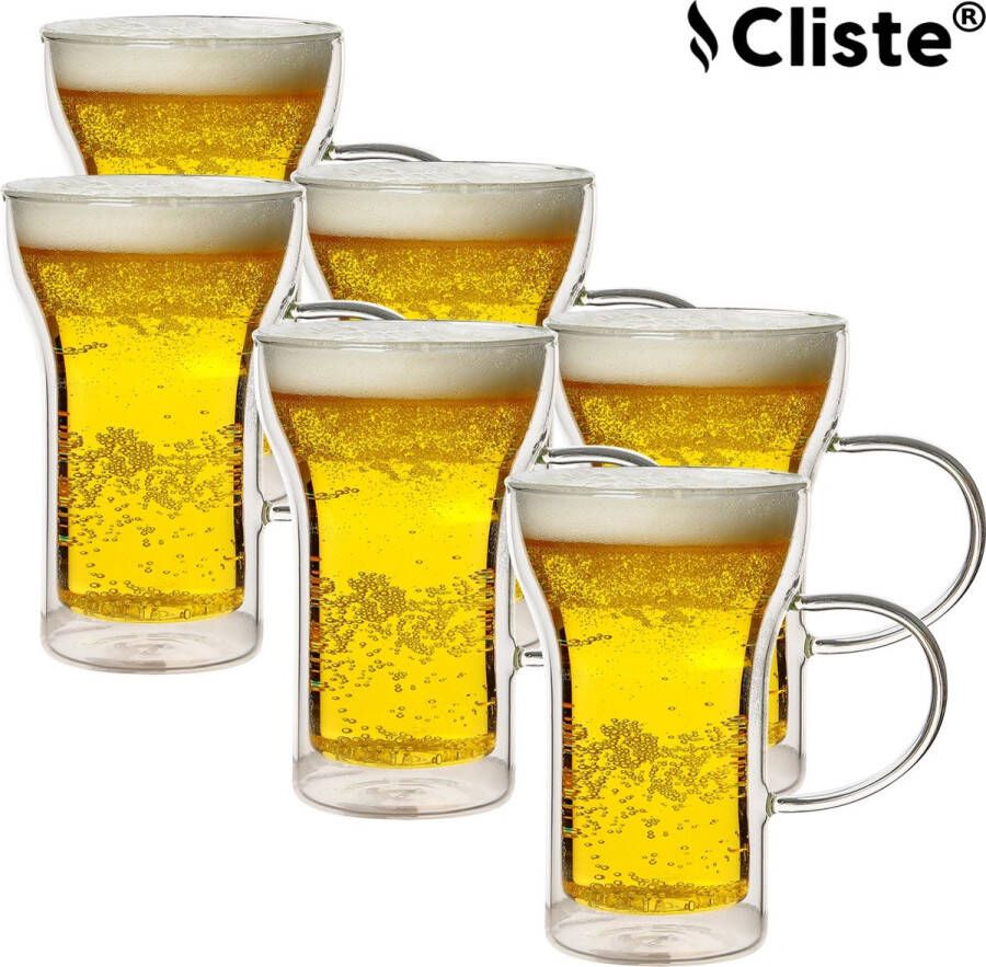Cliste Premium Dubbelwandig Glas voor Bier en Koffie met Oor Set van 6 Geniet van de Perfecte Temperatuur Bierglazen Koffieglazen