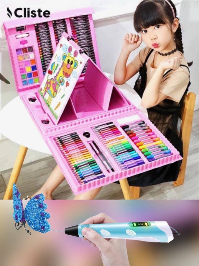 Cliste Tekendoos met 3D Pen 208-delig Art Set Creativiteitsdoos voor kinderen Tekenset Kleuren Schminken tekenen Knutselen Schilderen Kinderen