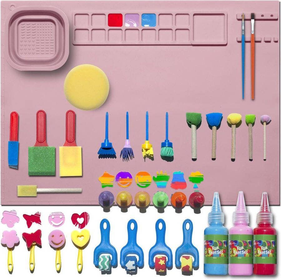 Cliste Tekenmat Art Station met 30 Brush en Stempels Accessoires en 3 wasbare vingerverf Verfmat Roze Verfplacemat Verven Kinderen Art Set Creativiteitsdoos voor kinderen Knutselen Knutselplacemat Verfmat Siliconen