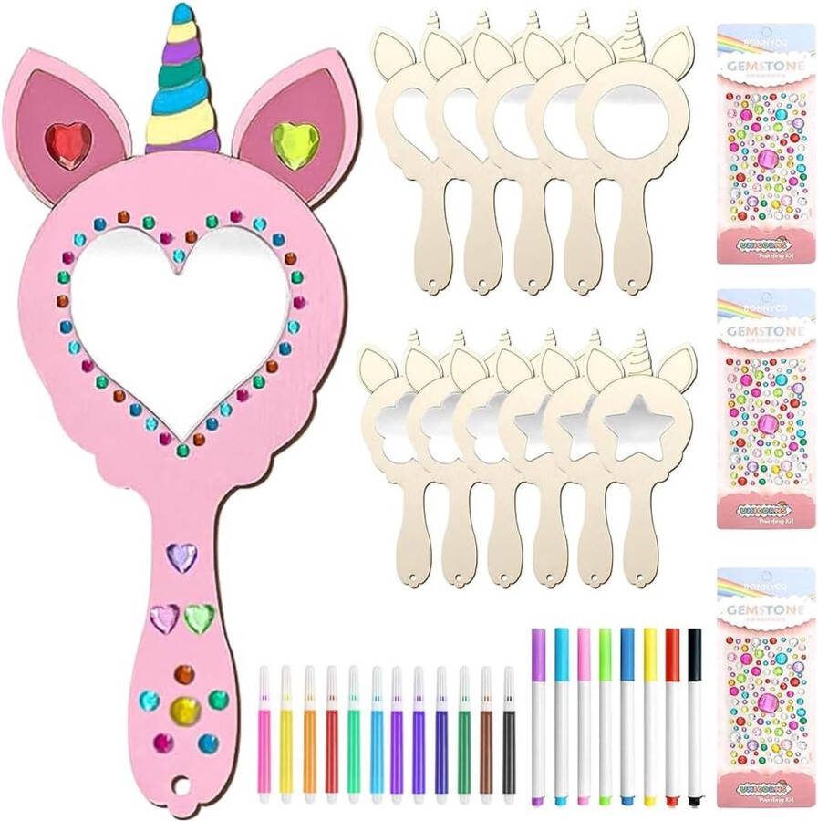 CLORD 12-delige eenhoorn knutselset houten spiegel om te beschilderen DIY kinderen mini houten prinsessenspiegel houten knutselspiegel hout knutselen kinderen creatief