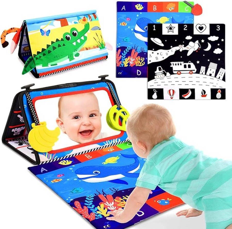 CLORD Babyspiegel met knisperboek babyspeelgoed 0-12 maanden buikligging speelgoed baby 1-2 jaar onverwoestbaar stoffen boek sensoriek Montessori speelgoed babycadeau voor geboorte