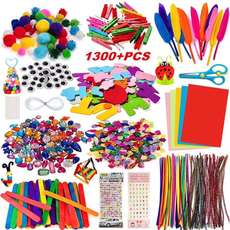 CLORD Bastelset voor kinderen 1300+ stuks DIY knutselkoffer knutselaccessoires en materialen voor scrapbooking pijpenragers pompons veren kralen wiebelogen en pailletten. Ideaal knutselmateriaal voor peuters