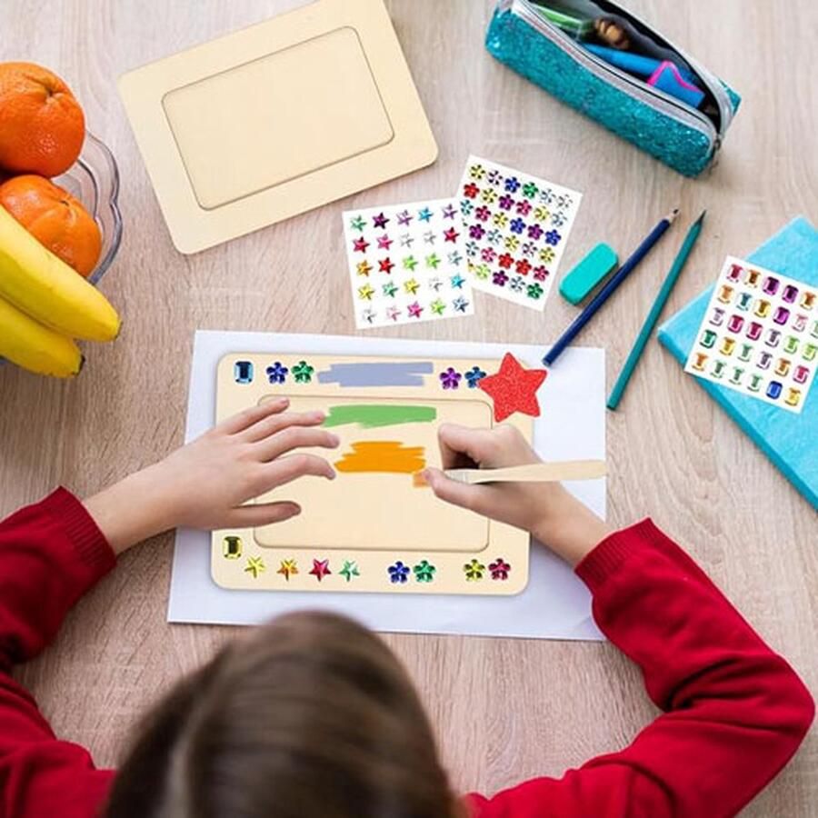 CLORD Knutselset Fotolijsten 8 Stuks Houten Fotolijsten DIY Rechthoekige Fotolijsten voor Kinderen Inclusief Glitterstenen Glitters Schuimstickers en Meer