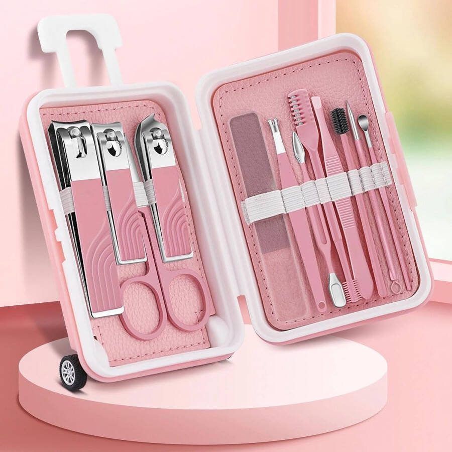 CLORD Glamne nagelknipper voor dames 12-delige verzorgingsset multifunctionele manicure- en pedicurehulpmiddelen met reisopbergkoffer (roze)