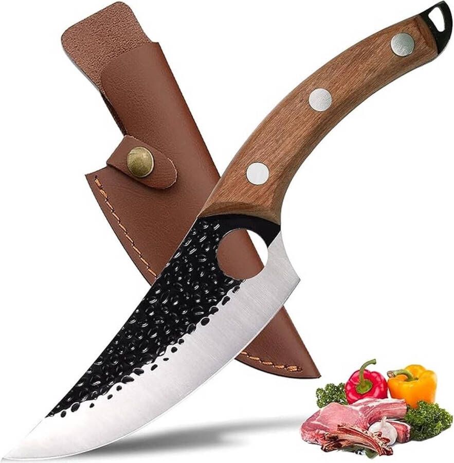 CLORD Japans mes van 6 inch met leren hoes gesmeed koksmes keukenmes met vingergat houten handvat scherp uitbeenmes outdoor hakmes voor groenten en vlees