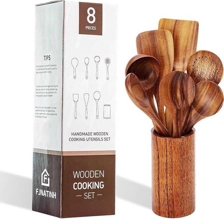 CLORD Kookgereiset met houder inclusief spatel schuimspaan houten spatel serveerlepel roerlepel soeplepel olielepel 7 stuks van natuurlijk teakhout