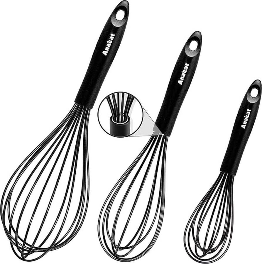 CLORD Siliconen garde set van 3 met dikke roestvrijstalen draden aan de binnenkant. Hittebestendig en geschikt voor gebruik met antiaanbak kookgerei. Ideaal voor kloppen mixen en slaan. zwart