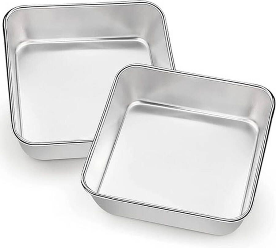 CLORD Taartvorm Set van 2 roestvrij staal Vierkante Brownie-ovenschaal voor cake brownies en lasagne Buitenmaat 16 x 16 x 4 8 cm Gezond en vaatwasmachinebestendig