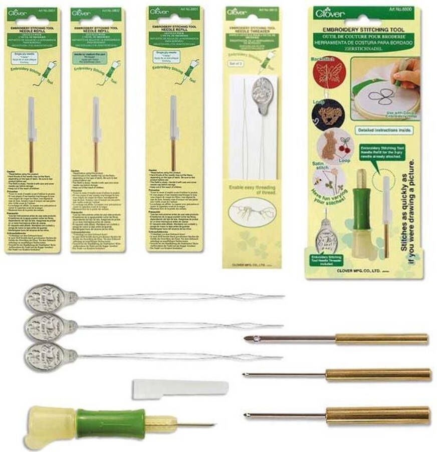 Clover Complete Set Punch Naalden met Nederlandstalige instructies van Studio Koeoek. Embroidery Stitching Tool met alle navulnaalden en extra draaddoorhalers. Voor punchen met 1 draadje 3 draadjes 6 draadjes borduurgaren of fijne wolgarens.