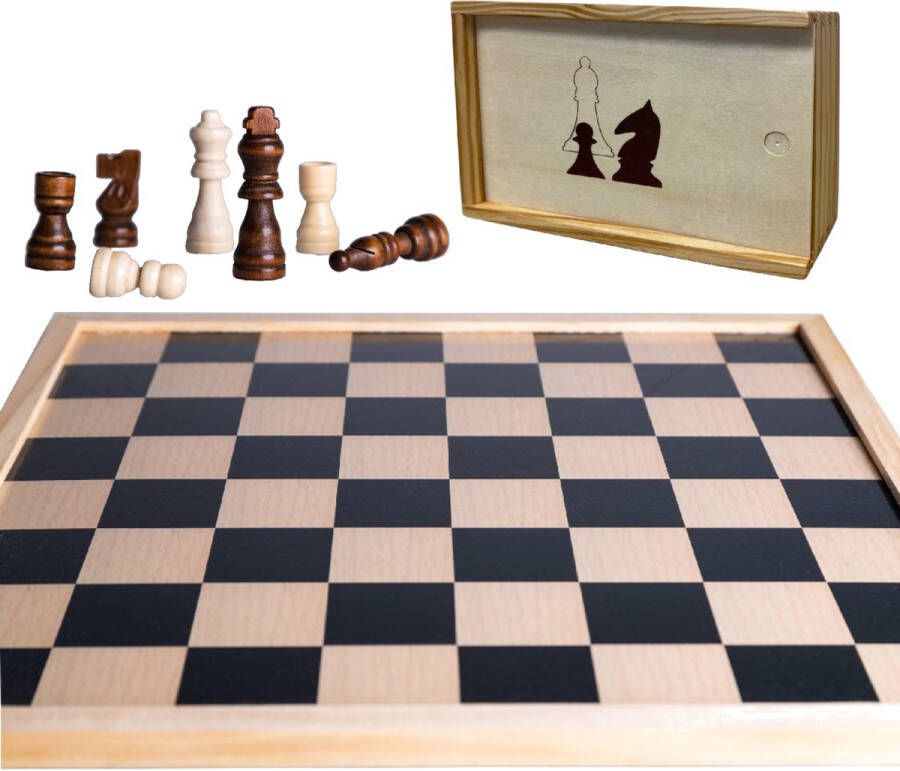 Clown Houten schaakbord dambord 40 x 40 cm met 32x stuks schaakstukken in opbergkistje Schaken en dammen
