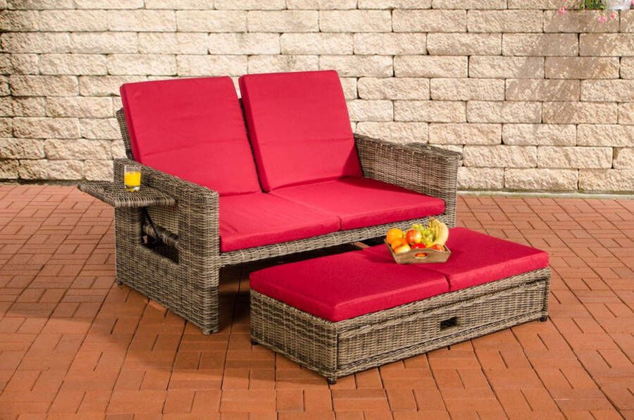 Clp Ancona Loungebank 5mm Poly-rotan kleur gemêleerd grijs kleur hoes : robijnrood