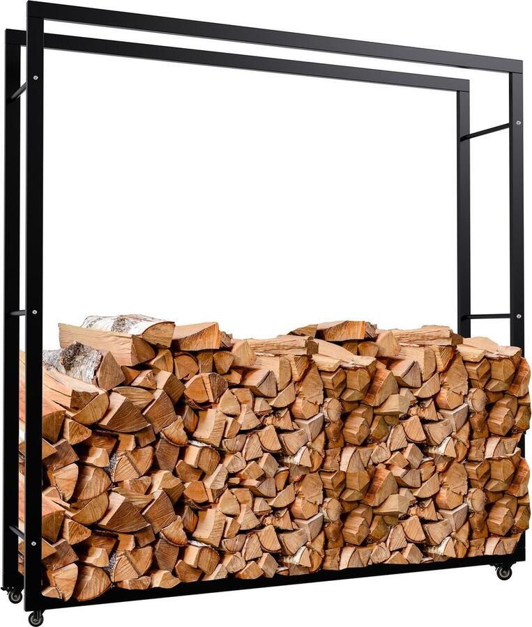 Clp Keri Haardhoutopslag Met wielen Brandhoutrek van zwart metaal Opbergruimte voor brandhout zwart 25x150x150 cm