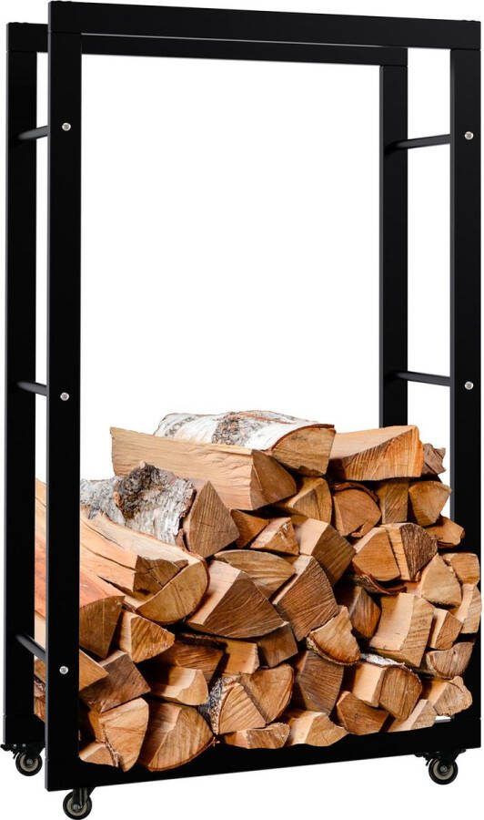 Clp Keri Haardhoutopslag Met wielen Brandhoutrek van zwart metaal Opbergruimte voor brandhout zwart 25x60x100 cm
