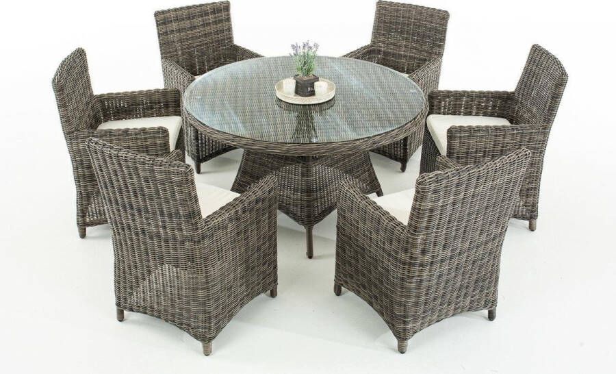 Clp Larino Ronde Tuinset 5mm Poly-rotan Grijs gemeleerd Kleur overtrek gebroken wit