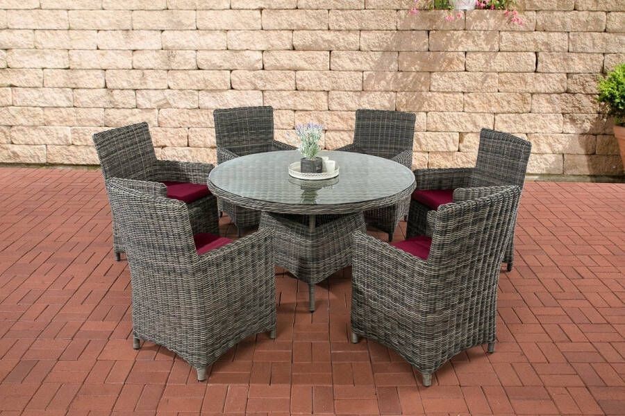 Clp Larino Ronde Tuinset 5mm Poly-rotan Grijs gemeleerd Kleur overtrek robijnrood
