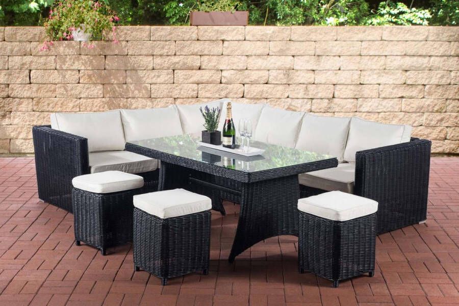 Clp Polyrattan eetgroep SORANO zithoek met 8 stoelen rotan hoekbank en 3 rotan krukken zwart gebroken wit