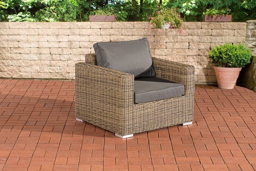 Clp Polyrattan fauteuil Bilbao Madeira 5mm I Tuinfauteuil van rond rotan I Loungestoel met aluminium frame incl. kussens natura ijzerachtig grijs