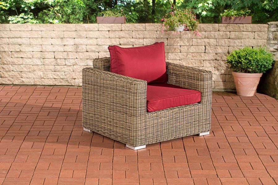 Clp Polyrattan fauteuil Bilbao Madeira 5mm I Tuinfauteuil van rond rotan I Loungestoel met aluminium frame incl. kussens natura robijnrood