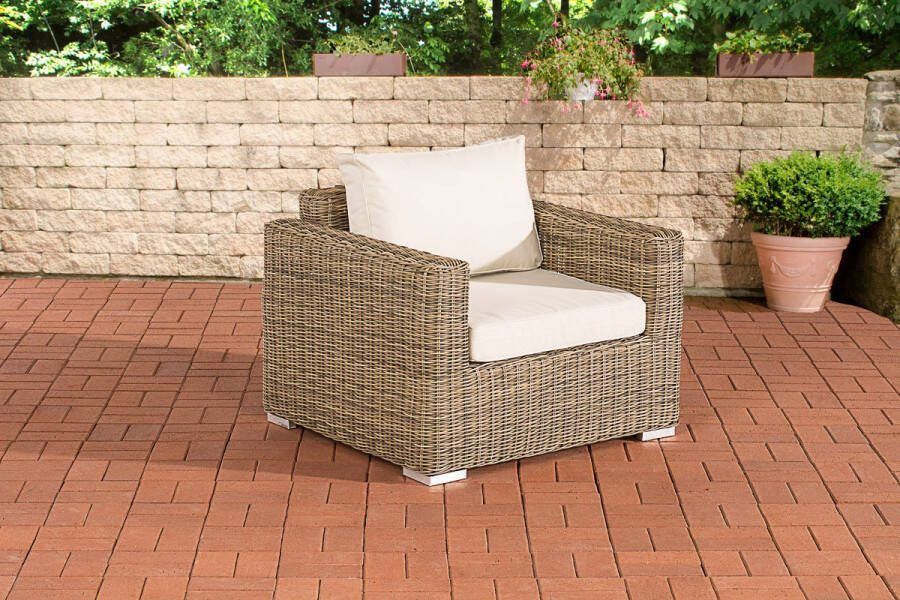 Clp Polyrattan fauteuil Bilbao Madeira 5mm I Tuinfauteuil van rond rotan I Loungestoel met aluminium frame incl. kussens natura gebroken wit
