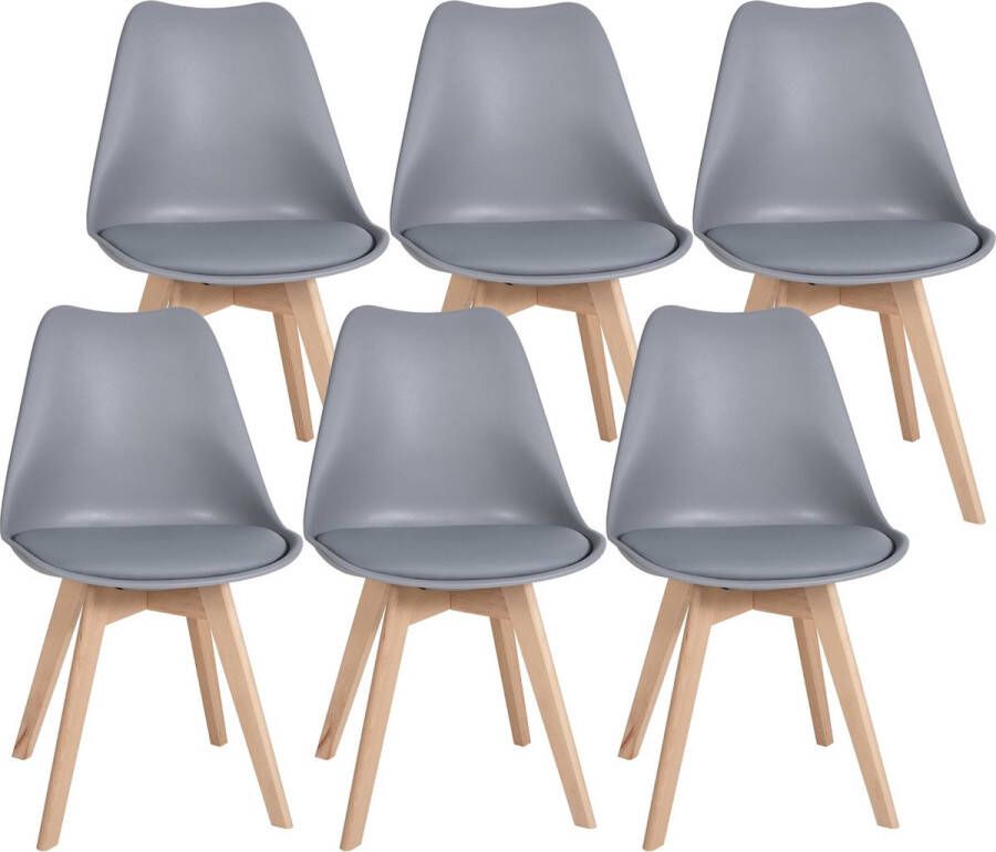 Clp Ramsey Set van 6 eetkamerstoelen Houten frame Kunststof zitschaal met kunstlederen bekleding grijs