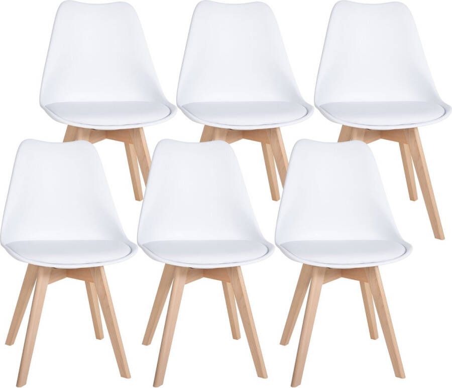 Clp Ramsey Set van 6 eetkamerstoelen Houten frame Kunststof zitschaal met kunstlederen bekleding wit