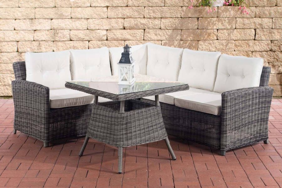 Clp Wicker poly rotan tuinset SIERRA zithoek met kussens verkrijgbaar in 25 verschillende kleurencombinaties 5 mm ronde rotan kleur : grijs gemêleerd kleur bekleding : crème