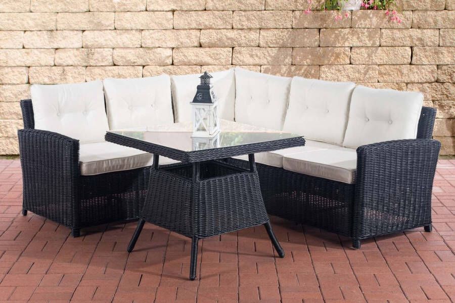 Clp Wicker poly rotan tuinset SIERRA zithoek met kussens verkrijgbaar in 25 verschillende kleurencombinaties 5 mm ronde rotan kleur : zwart kleur bekleding : crème