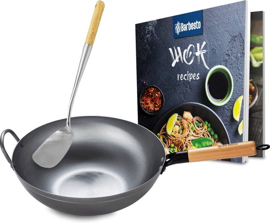 Clp Wokpan Inductie Voor gas Grill Met houten steel Receptenboek Platte of ronde bodem flach