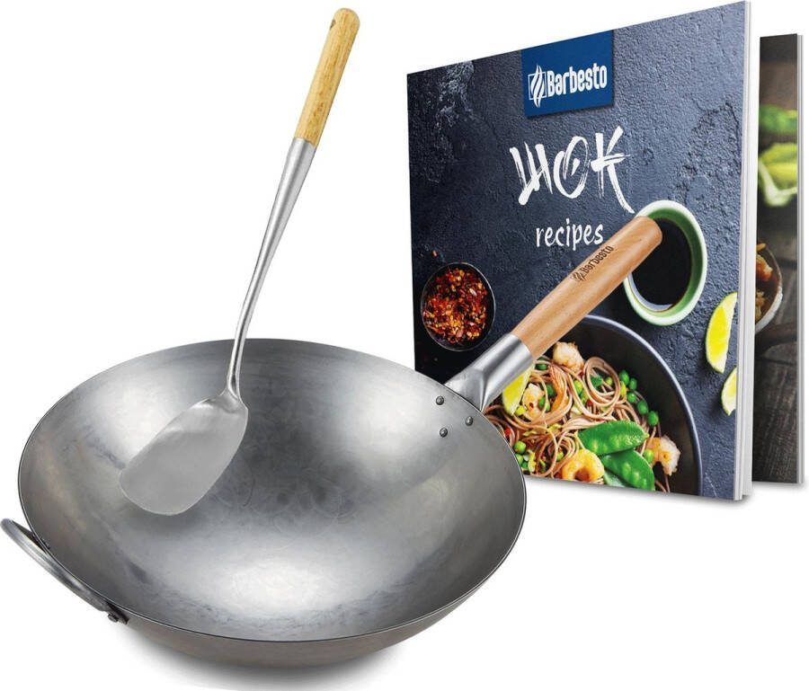 Clp Wokpan Inductie Voor gas Grill Met houten steel Receptenboek Platte of ronde bodem rond