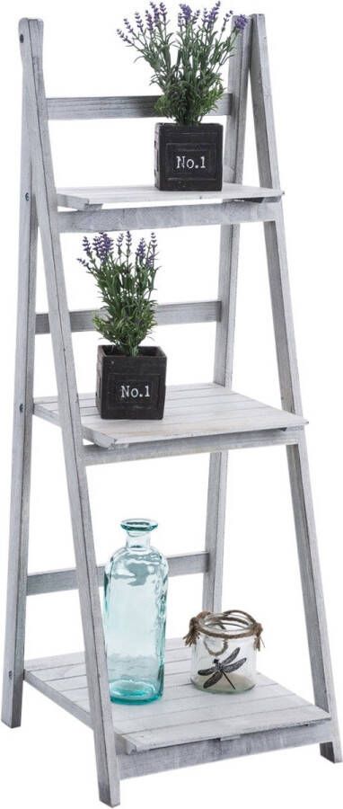 Clp Houten ladderrek YANA trappenrek plantenrek boekenrek met 3 legplanken decoratief samen klapbaar antiek-wit
