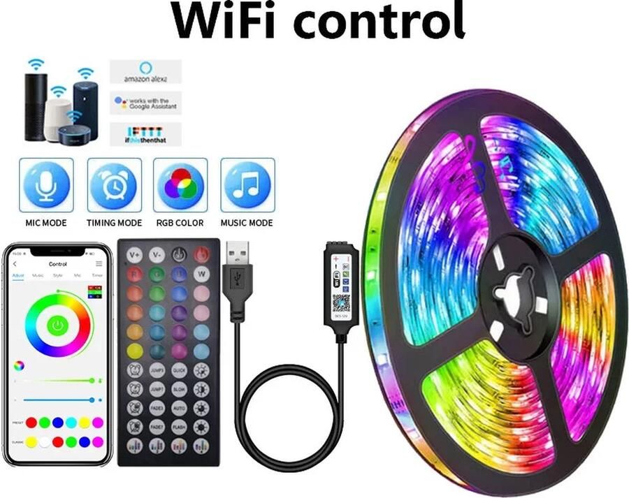 CMA RGB LED Strip 30 Meter Wifi Controller Timer en Muziek Modus Verlichting Met App Bediening en Afstandsbediening Dimbaar – 18leds m Zelfklevend 5M 10M 15M 20M 25M 30M