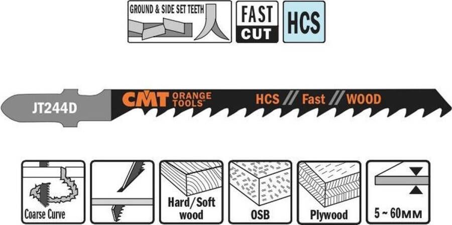 CMT JT244D-5 decoupeerzaag HCS 75 x 100 mm. 6tpi (hard zacht hout OSB multiplex)