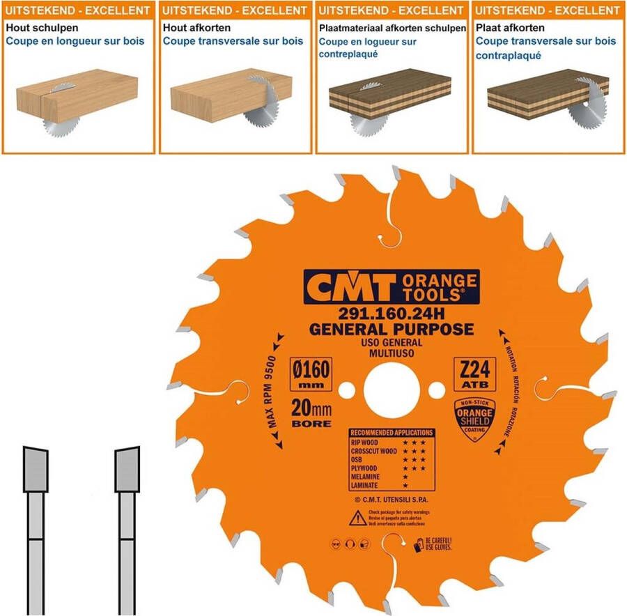 CMT Universele cirkelzaag HW 160x20x2 2 Z24 Massieve houtsoorten Multiplex