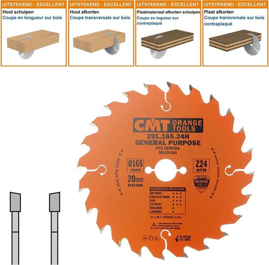 CMT Universele cirkelzaag HW 165x20x2 2 Z24 Massieve houtsoorten Multiplex