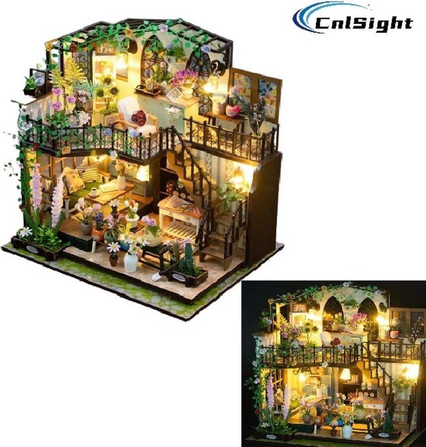 CNL Sight Premium Miniatuur XXL bouwpakket (Dacy Tuin) met Led- DIY Miniatuur bouwpakket-miniatuur poppenhuis-houten modelbouw-Met LED verlichting- 24x17x22cm- Poppenhuis – Voor 14 jaar +
