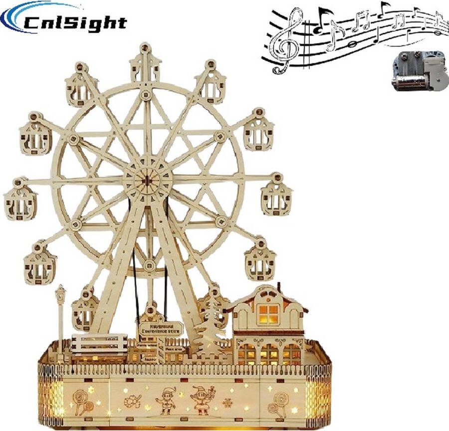 CNL Sight Premium Miniatuur XXL bouwpakket DIY reuzenrad model met LED & muziekdoos-3D houten modelbouw- Miniatuur bouwpakket-miniatuur poppenhuis-handgemaakt houten model-Met LED verlichting- 3D Puzzel bouwspeelgoed – Voor 7 jaar +