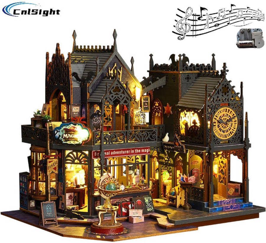 CNL Sight Premium Miniatuur XXL bouwpakket (Holo Magisch Kasteel)- DIY Holo Magisch Kasteel model met muziek doos & Led- Miniatuur bouwpakket-miniatuur poppenhuis-houten modelbouw-Met LED verlichting- 24x19x20cm- Poppenhuis – Voor 14 jaar +